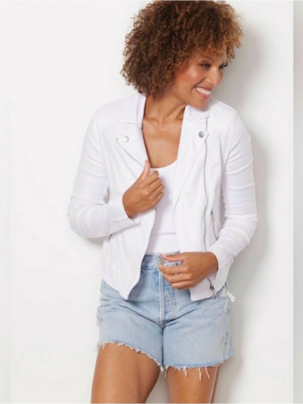 New Evereve Jagger White Linen Moto Zip Women's Jacket medium